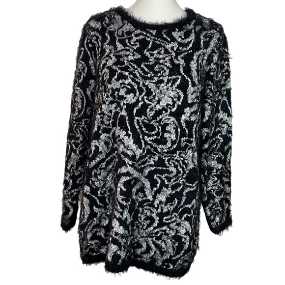 Chico's Sweaters - Chico’s Tunic Sweater Eyelash Jacquard Knit Size 1 Medium Black Gray White
